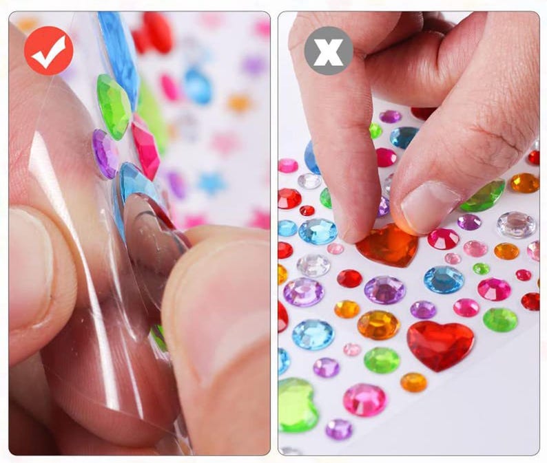 May include: Sheets of colorful, self-adhesive rhinestones in various shapes and sizes. The gems are in shades of red, orange, green, blue, purple, and clear. The image shows how to peel the rhinestones from the sheet.