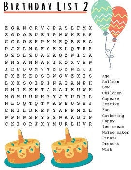 Birthday Word Search, Birthday Activity, Printable Activity, Printable ...