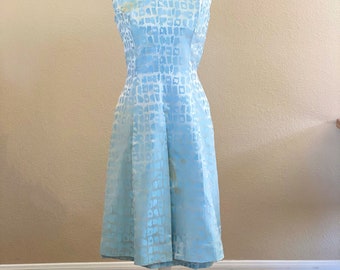 Cute short vintage prom dress, Suzy Perette 1960s aqua cocktail, semi formal sky blue brocade 2-piece frock, retro gown for bridesmaid