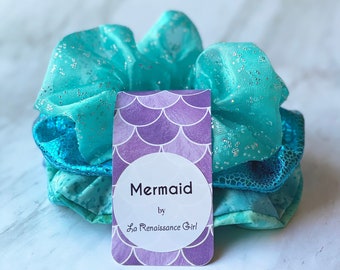 Mermaid scrunchie set of 3, Blue green Batik, Turquoise mosaic Lamé, Aqua beaded Organza, valentine gift for her, scrunchy, ocean hair tie