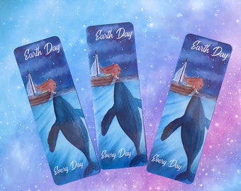 Earth Day Every Day, watercolor Bookmark, celestial bookmarks, whale bookmark, bookworm gifts, ocean art, art bookmark, marine life gifts