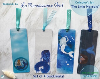 The Little Mermaid Bookmarks - Collectible Set of 4, Watercolor print, 2X6, laminated, ribbon, under the sea, blue reading accessories