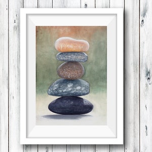 May include: A watercolour painting of a stack of five smooth, round stones in various shades of grey, brown, and beige. The stones are stacked in a pyramid shape, with the largest stone at the bottom and the smallest stone at the top. The background is a soft, muted green and brown.