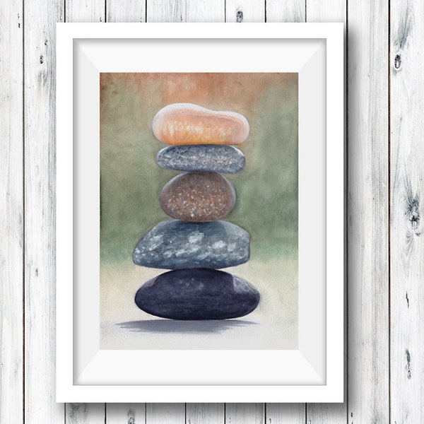 Rock Stack Giclée Print - Print titled "Balanced Stones." Meditation Art. Fine art print of peaceful, zen-like river stones.