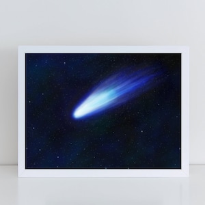 Comet Giclée Print - Titled "Halley's Comet" Astronomy Art of a blue and white comet, nebula clouds, stars and space dust, science print.