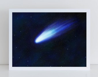 Comet Giclée Print - Titled "Halley's Comet" Astronomy Art of a blue and white comet, nebula clouds, stars and space dust, science print.