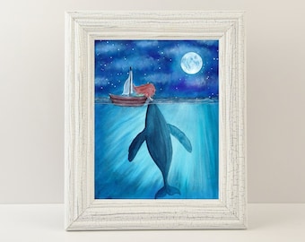 Whale and girl in boat, Marine Life Watercolor Print