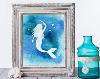 Watercolor Mermaid Art Print, Abstract Ocean Silhouette