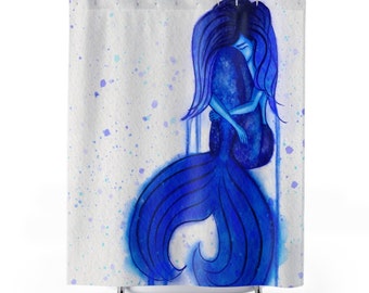 Mermaid Tears Shower Curtain, Indigo Bathroom Decor, Polyester bathtub hanging, ocean themed, beach house style, watercolor design