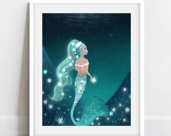 Mermaid Art Print  - Ocean Princess, Beautiful glowing starfish, pearls and turquoise green sea goddess painting