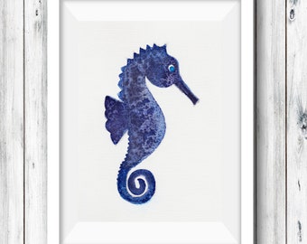 Watercolor Seahorse Print, indigo minimalist design, nautical beach house decor, ocean animal art