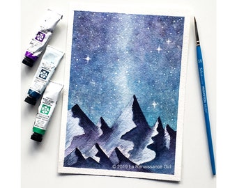 Mountains Art Print, galaxy art print, landscape Illustration of rocky peaks with Milky Way, pastel celestial art for kid's room