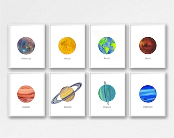 Planets Watercolor Art Prints: Solar System Set of 8