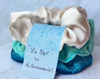 Ocean scrunchie set of 3, teal velvet, aqua batik, cream satin, wedding party, beyond the sea, bridesmaids, scrunchy trio, Mother's Day gift