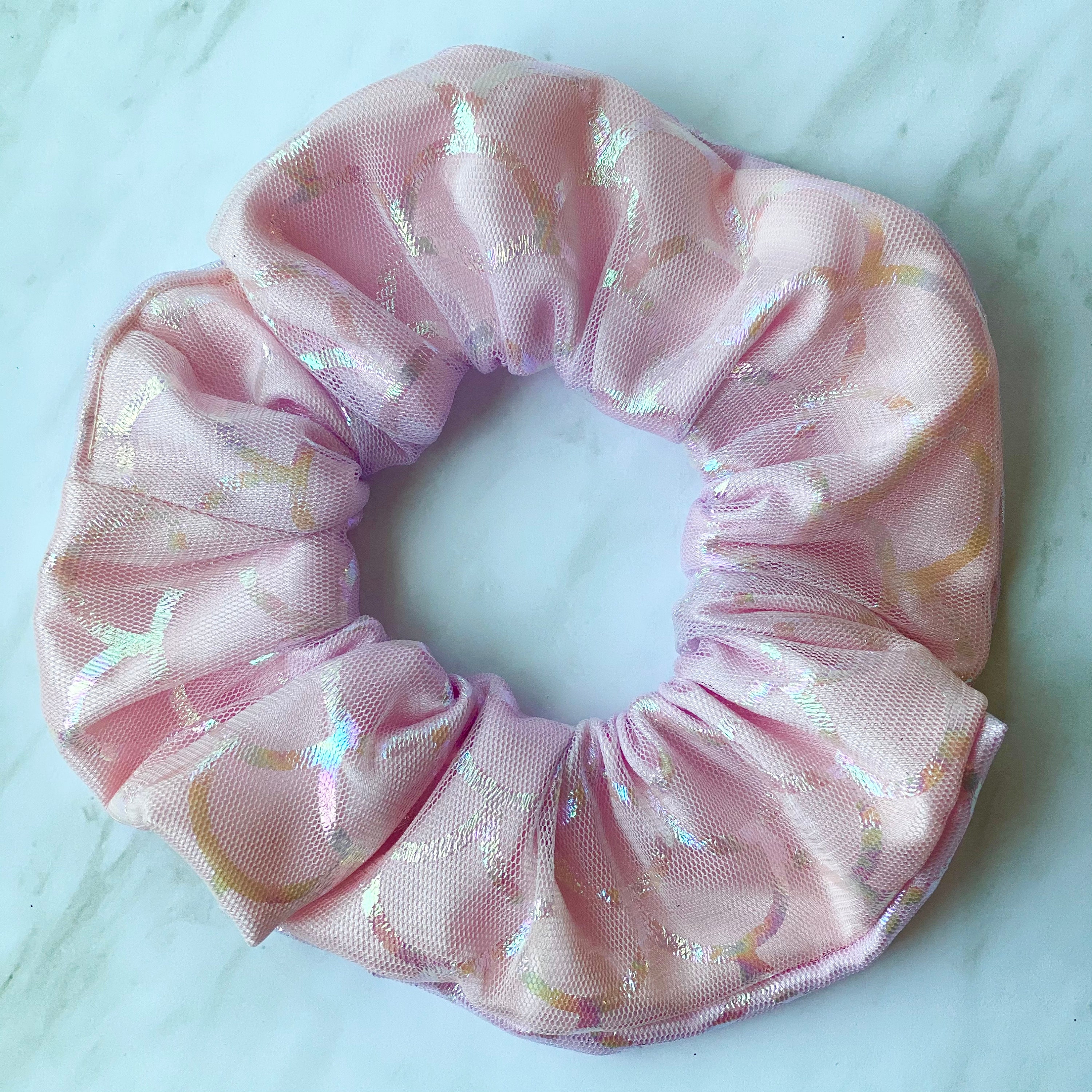 Pink Mermaid scrunchie, pale pink satin layered with mermaid scale fabric, jumbo ponytail holder, ballet hair accessory, stocking stuffer