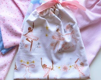 Toddler Dance bag, Ballerina Kids dancer shoe bags made from Flannel and satin ribbon: ballet tap pointe class recital rehearsal, toddler