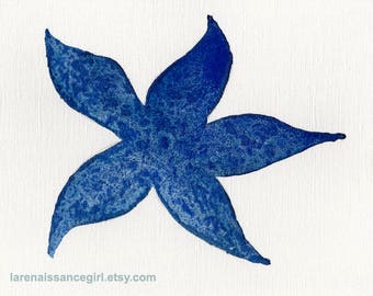 Watercolor Starfish Print - Fine art print of my beautiful indigo starfish painting. Clean, white background, beach house decor, nautical