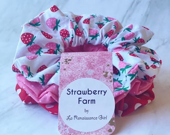 Strawberry Farm scrunchie set of 3, country chic, strawberries scrunchy, red white polkadot, pink hair tie, strawberry fields cottagecore