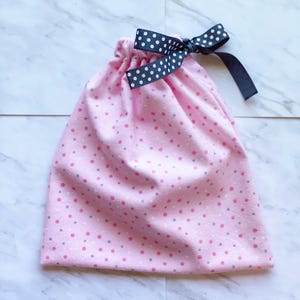 Pink Polkadot Kids toddler dance shoe bags made from Flannel and grosgrain ribbon for ballet tap pointe class or recital rehearsal