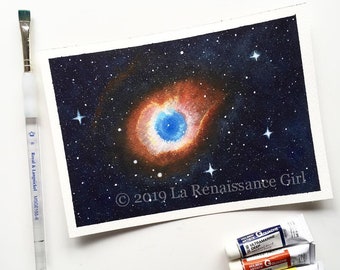 Space Watercolor Art Print, eye of god, helix nebula, mini starscape Illustration of deep space, celestial art for classroom, or office.