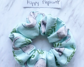 Baby Elephant scrunchie, light blue flannel, nursery print, large ponytail holder, hair accessory