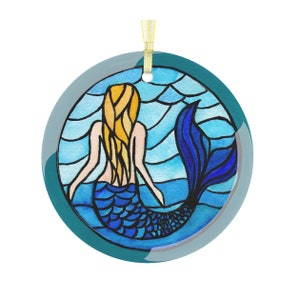 Stained Glass Mermaid Christmas Ornament: Watercolor Nautical Decor
