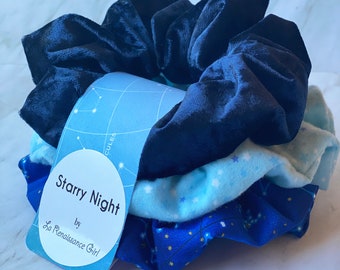 Starry Night scrunchie set of 3, navy blue stretch velvet, constellation print, blue flannel stars, hair tie, valentine, astronomy