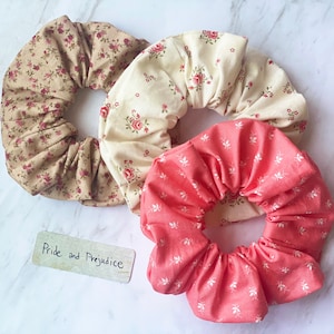 Pride and Prejudice cotton scrunchie, jane austen regency romance, tea time floral rose, book lover gift, bookish, booktok, cottagecore