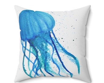 Jellyfish Throw Pillow, Minimalist, Watercolor, Turquoise Blue decor Pillow, paint drip, gift for painter, beach house style, to the sea