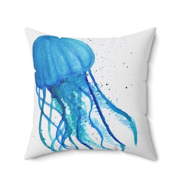 Jellyfish Throw Pillow, Minimalist, Watercolor, Turquoise Blue decor Pillow, paint drip, gift for painter, beach house style, to the sea