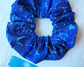 Jumbo sized scrunchie with dark blue night sky and constellations, cotton fabric, 5 inch scrunchy