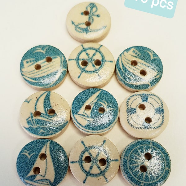 Wooden Buttons| Mixed Nautical Design| Natural Buttons for Needleworking Craft, Scrapbooking| Decorative Children’s Buttons Set of 10