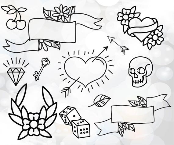Vintage Tattoo Svg Files Flower Rose Tattoo Heart Tattoo Etsy
