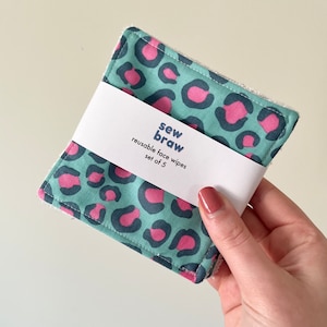 Waschbar Wiederverwendbare Handgefertigte Baumwolle & Bambus Frottee Gesichtstücher | 5er-Set | Make up Pads | Wiederverwendbar | Zero Waste Tücher | Türkisfarbener Leopard