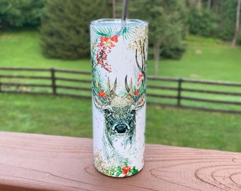 20 Oz Skinny Straight Stainless Tumbler  |  Reindeer Design  |  Heatpressed Tumbler