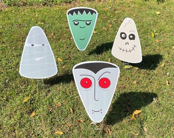 NEW PRODUCT  |  Set of Halloween Face Yard Decorations  |  Dracula  |  Mummy  |  Frankenstein  |  Skeleton  |  Single-Sided