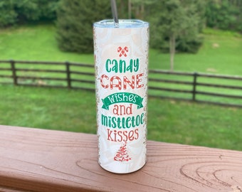 20 Oz Skinny Straight Stainless Tumbler  |  Candy Cane and Mistletoe Design  |  Heatpressed Tumbler