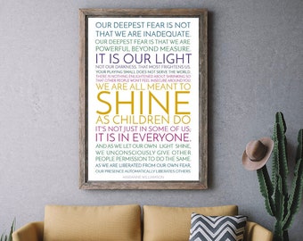 Our Deepest Fear Print / Marianne Williamson / Without God References / Motivational Quote / Inspirational Print / We Are Meant to Shine