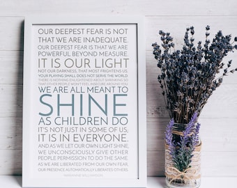 Our Deepest Fear Print / Neutral Colors / Marianne Williamson / Without God References / Motivational Print / We Are Meant to Shine