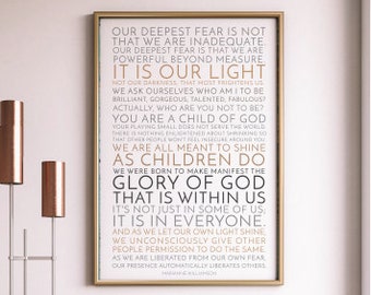 Our Deepest Fear Print / Glory of God / Unframed / Neutral / Marianne Williamson / Motivation Quote / Inspirational / We Are Meant to Shine