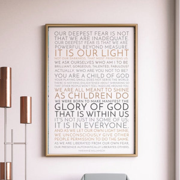 Our Deepest Fear Print / Glory of God / Unframed / Neutral / Marianne Williamson / Motivation Quote / Inspirational / We Are Meant to Shine