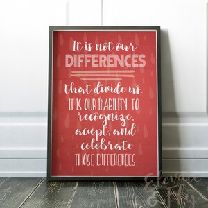 May include: A framed print with a red background and white text that reads "It is not our DIFFERENCES that divide us. IT IS OUR INABILITY TO recognize, accept, and celebrate THOSE DIFFERENCES."