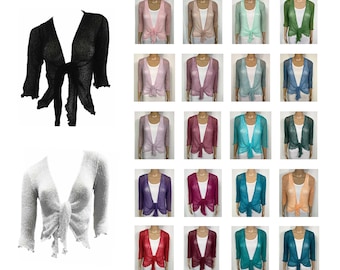 Sheer 3/4 Sleeve Bolero Shrug: Tie Front Knit Cardigan (OSFA 8 - 14) 40+ colours