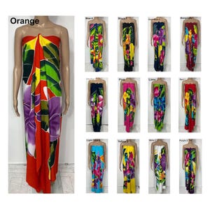 May include: A collection of strapless sarong dresses featuring vibrant tropical floral patterns in various colourways including orange, blue, black, burgundy, pink, lime, red, yellow, white, and purple, displayed on mannequins in a grid layout.