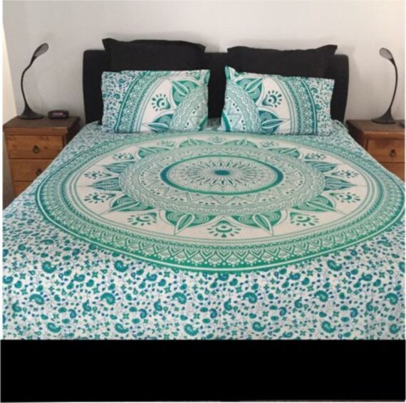 King Size Green Quilt Doona Cover Mandala Reversible 2 Pillow Etsy