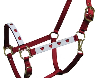 Sweetheart Horse Halter, White and Red Sweet Heart Horse Halter Nylon and Adjustable