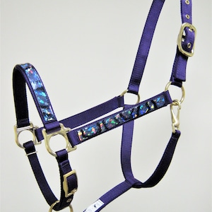 May include: Purple horse halter with a silver and black patterned trim. The halter has a brass buckle and rings.