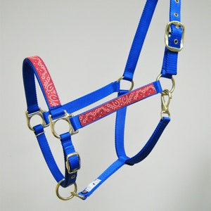 Puede incluir: Un cabezal azul para caballo con un patr&oacute;n de bandana rojo. El cabezal tiene una hebilla y anillos de lat&oacute;n.