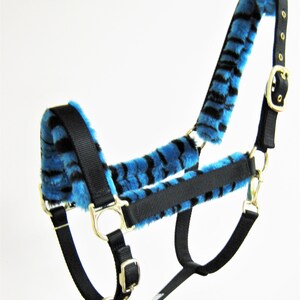 May include: A black horse halter with blue and black zebra print fleece padding. The halter has a brass buckle and two brass rings.