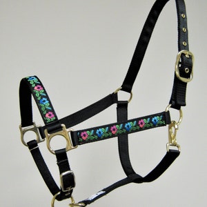 Blue Flower Horse Halter, Rose Flower Horse Halter, Black Horse Halter, Fancy Nylon Horse Halter, Girl Horse Halter